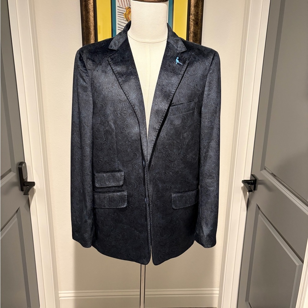 Tailorbyrd Elegant Midnight Blue Velvet Paisley Mens Blazer